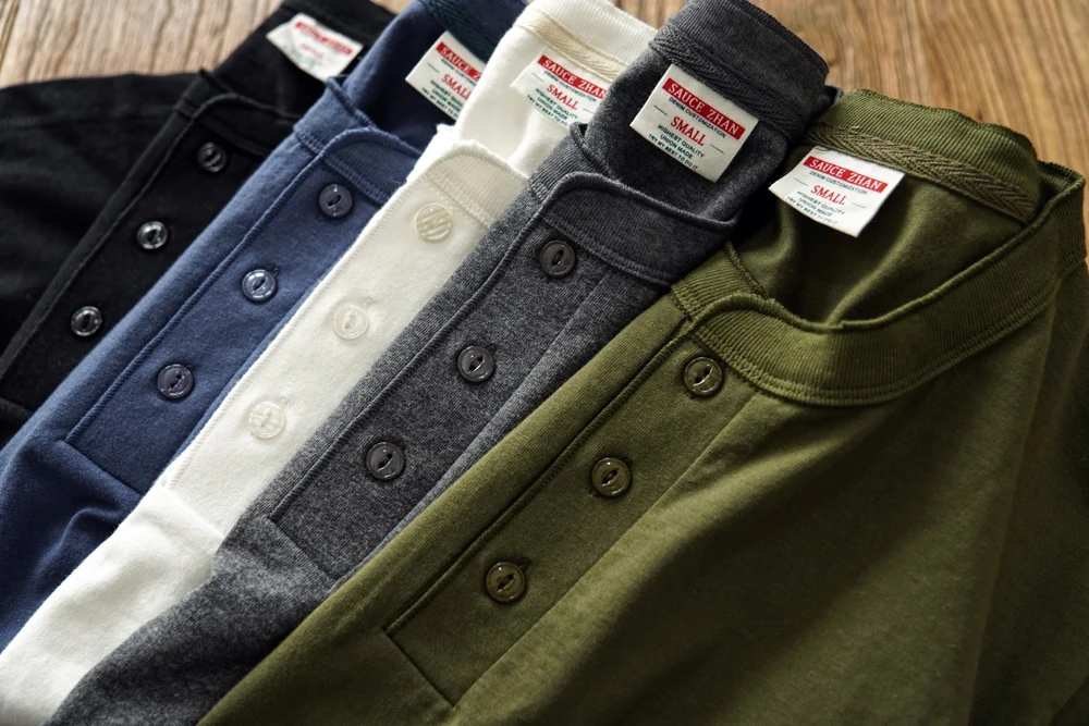 Sauce Zhan Mens T Shirts Henry Collar Pure Cotton Solid 5 Color Summer Short Sleeve Vintage Style Regular Fit 230g/m²