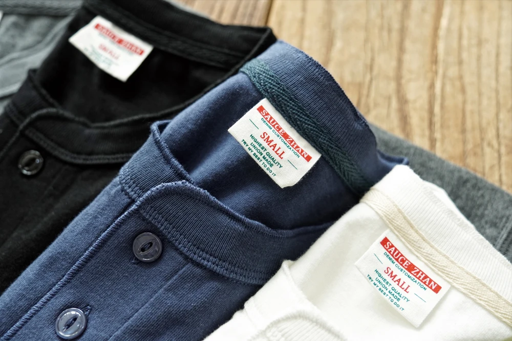 Sauce Zhan Mens T Shirts Henry Collar Pure Cotton Solid 5 Color Summer Short Sleeve Vintage Style Regular Fit 230g/m²