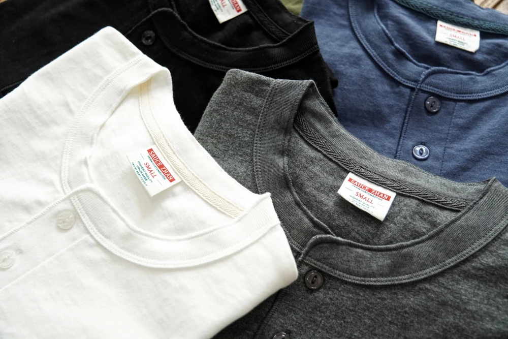 Sauce Zhan Mens T Shirts Henry Collar Pure Cotton Solid 5 Color Summer Short Sleeve Vintage Style Regular Fit 230g/m²