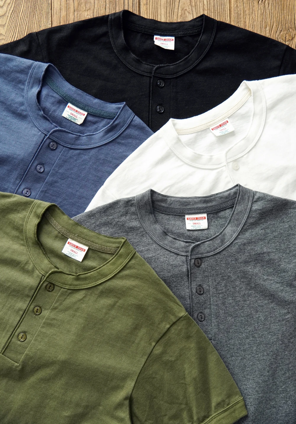 Sauce Zhan Mens T Shirts Henry Collar Pure Cotton Solid 5 Color Summer Short Sleeve Vintage Style Regular Fit 230g/m²