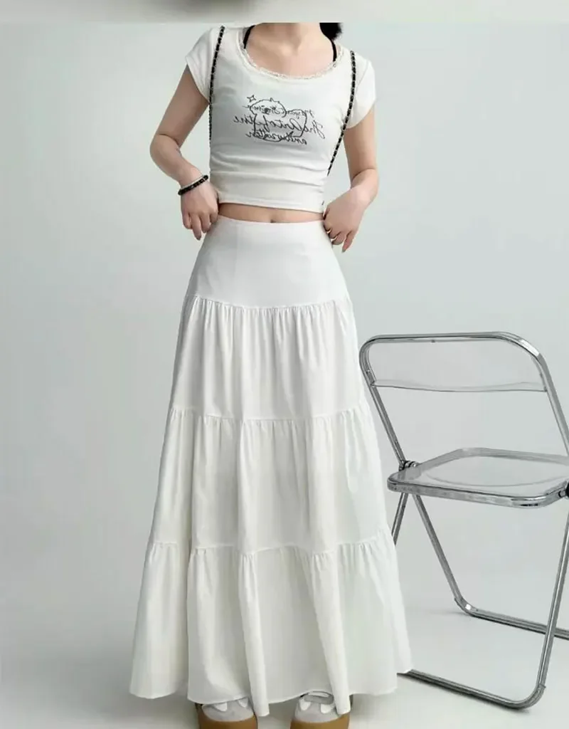 Spring Summer ankle length Skirt Fairy Skirt autumn korean White y2k Skirt with Elastic waist loose Mid Length Design skirts new
