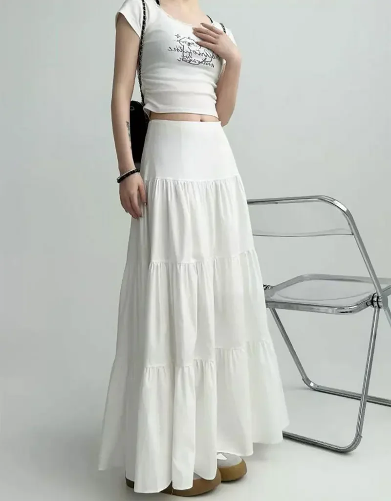 Spring Summer ankle length Skirt Fairy Skirt autumn korean White y2k Skirt with Elastic waist loose Mid Length Design skirts new