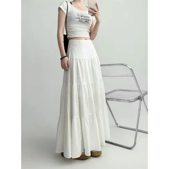 Spring Summer ankle length Skirt Fairy Skirt autumn korean White y2k Skirt with Elastic waist loose Mid Length Design skirts new