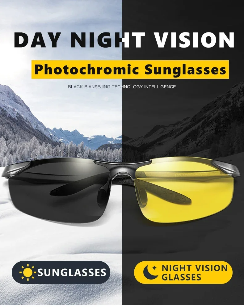 CLLOIO Aluminium Rimless Photochromic Day Night Vision Anti-Glare Glasses Men Polarized Driving Sunglasses Travel Fishing Goggle