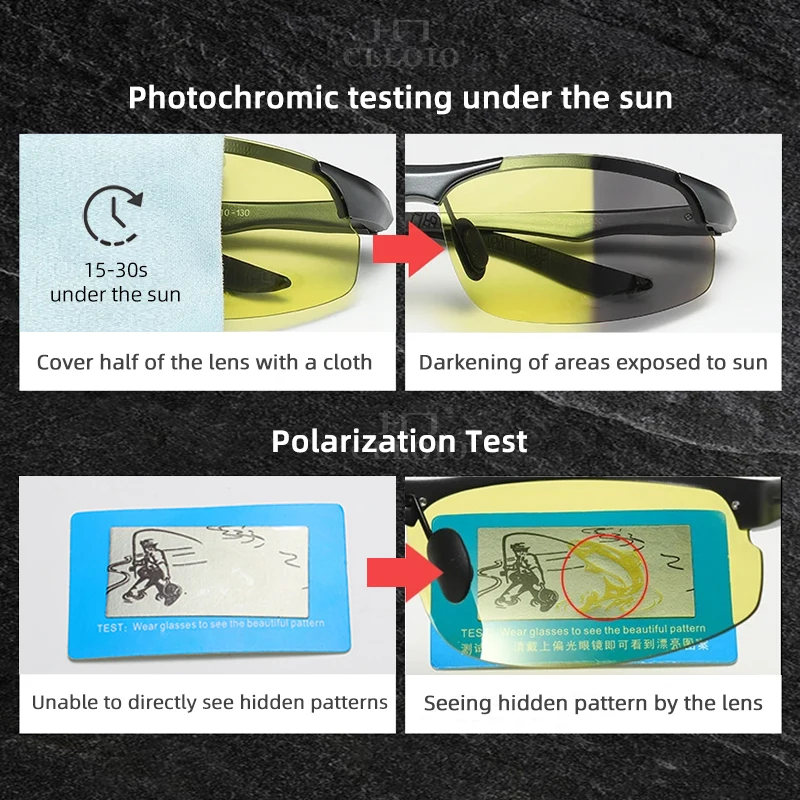 CLLOIO Aluminium Rimless Photochromic Day Night Vision Anti-Glare Glasses Men Polarized Driving Sunglasses Travel Fishing Goggle