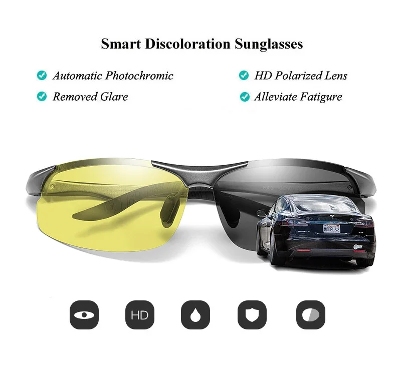 CLLOIO Aluminium Rimless Photochromic Day Night Vision Anti-Glare Glasses Men Polarized Driving Sunglasses Travel Fishing Goggle