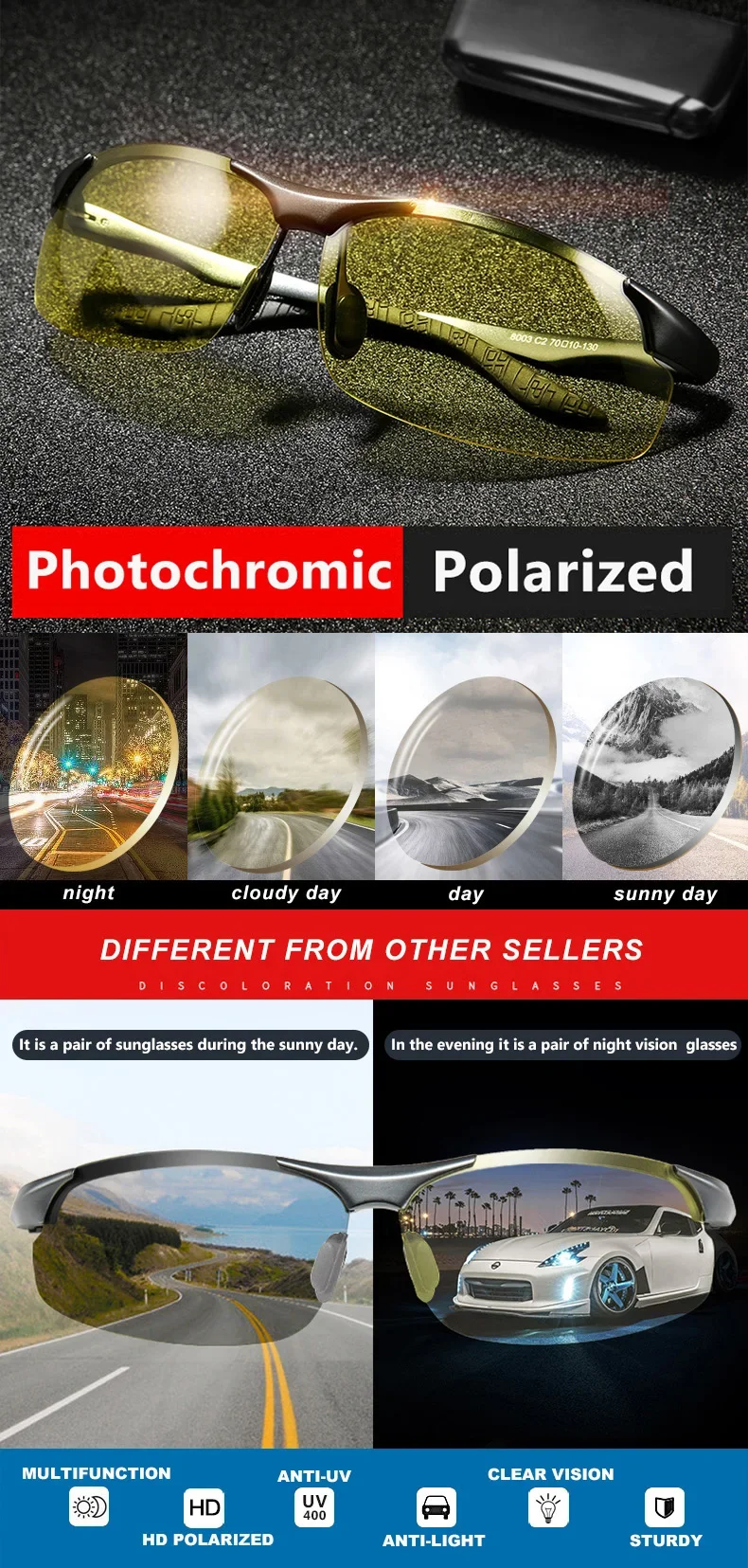 CLLOIO Aluminium Rimless Photochromic Day Night Vision Anti-Glare Glasses Men Polarized Driving Sunglasses Travel Fishing Goggle