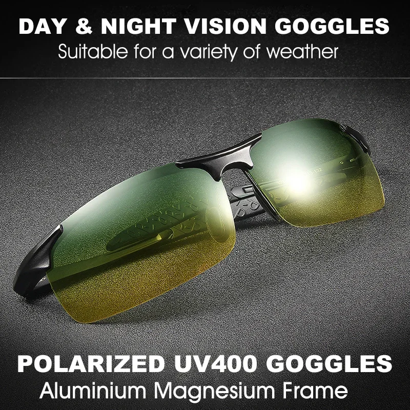 CLLOIO Aluminium Rimless Photochromic Day Night Vision Anti-Glare Glasses Men Polarized Driving Sunglasses Travel Fishing Goggle