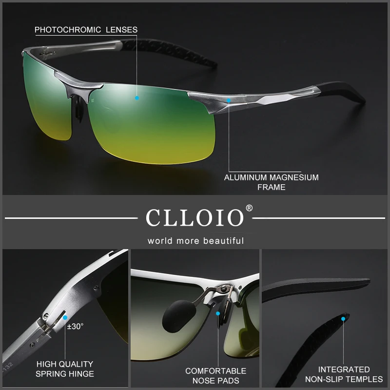 CLLOIO Aluminium Rimless Photochromic Day Night Vision Anti-Glare Glasses Men Polarized Driving Sunglasses Travel Fishing Goggle