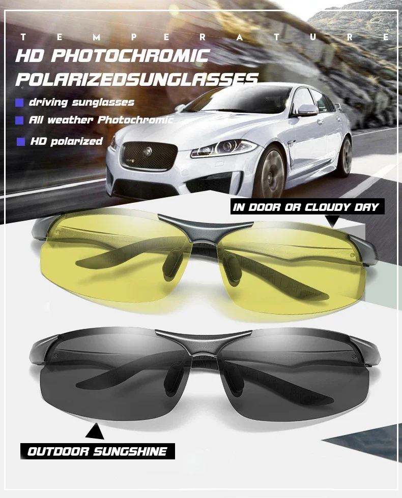 CLLOIO Aluminium Rimless Photochromic Day Night Vision Anti-Glare Glasses Men Polarized Driving Sunglasses Travel Fishing Goggle