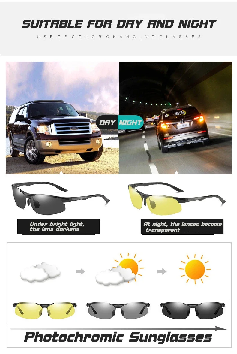 CLLOIO Aluminium Rimless Photochromic Day Night Vision Anti-Glare Glasses Men Polarized Driving Sunglasses Travel Fishing Goggle