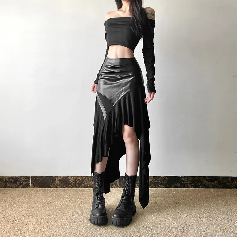 AltGoth Harajuku Cyber Punk Skirt Women Dark Academia Gothic Streetwear New Fashion Y2k Irregular Pu Patchwork High Waist Skirt