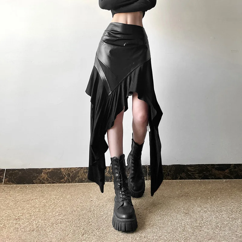 AltGoth Harajuku Cyber Punk Skirt Women Dark Academia Gothic Streetwear New Fashion Y2k Irregular Pu Patchwork High Waist Skirt
