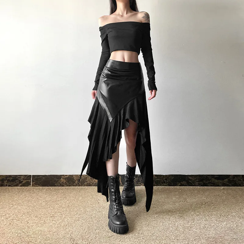 AltGoth Harajuku Cyber Punk Skirt Women Dark Academia Gothic Streetwear New Fashion Y2k Irregular Pu Patchwork High Waist Skirt