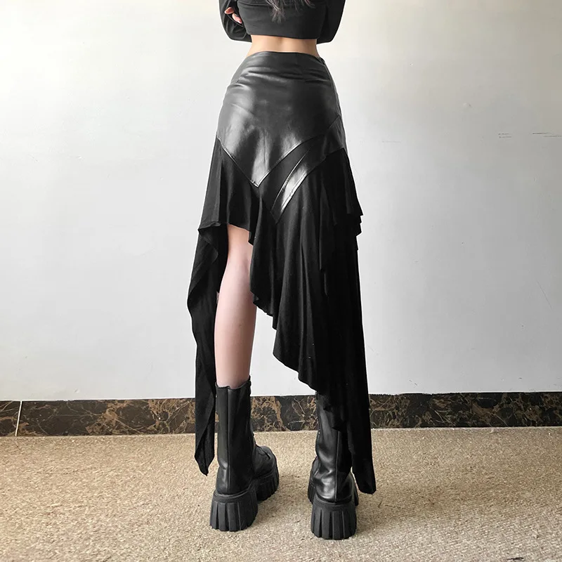 AltGoth Harajuku Cyber Punk Skirt Women Dark Academia Gothic Streetwear New Fashion Y2k Irregular Pu Patchwork High Waist Skirt