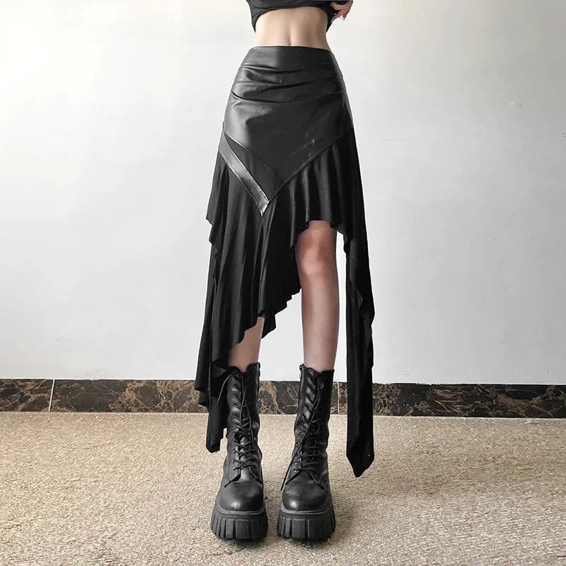 AltGoth Harajuku Cyber Punk Skirt Women Dark Academia Gothic Streetwear New Fashion Y2k Irregular Pu Patchwork High Waist Skirt