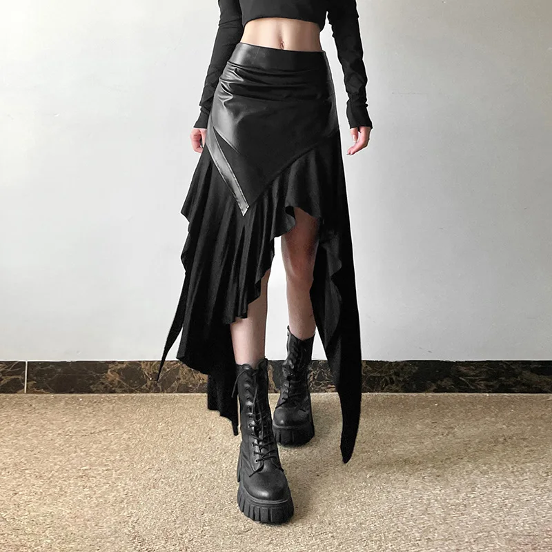 AltGoth Harajuku Cyber Punk Skirt Women Dark Academia Gothic Streetwear New Fashion Y2k Irregular Pu Patchwork High Waist Skirt