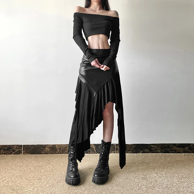AltGoth Harajuku Cyber Punk Skirt Women Dark Academia Gothic Streetwear New Fashion Y2k Irregular Pu Patchwork High Waist Skirt