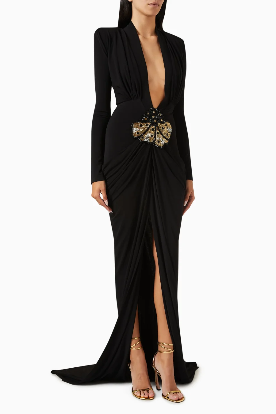 2025 New Beaded Decoration Sexy V-Neck Package Hip Black Floor Length Dress Celebrity Party Dress Woman Cocktail Outfit