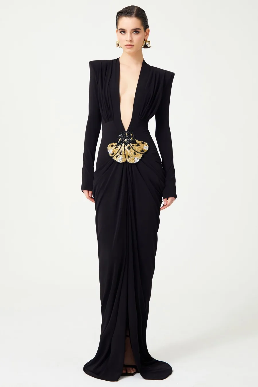 2025 New Beaded Decoration Sexy V-Neck Package Hip Black Floor Length Dress Celebrity Party Dress Woman Cocktail Outfit