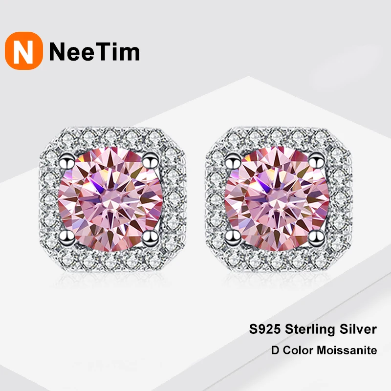 NeeTim 0.5ct 1ct Pink Moissanite Studs Earrings for Women 925 Sterling Silver Black Blue Grey Sparkling Engagement Stud Earring