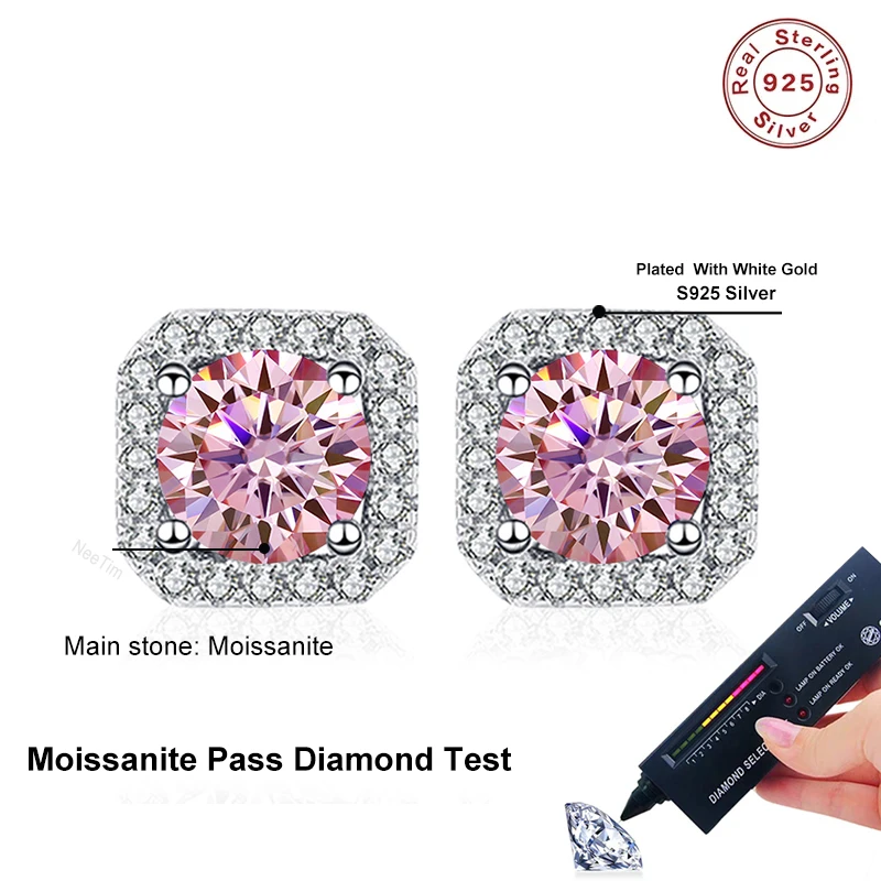 NeeTim 0.5ct 1ct Pink Moissanite Studs Earrings for Women 925 Sterling Silver Black Blue Grey Sparkling Engagement Stud Earring