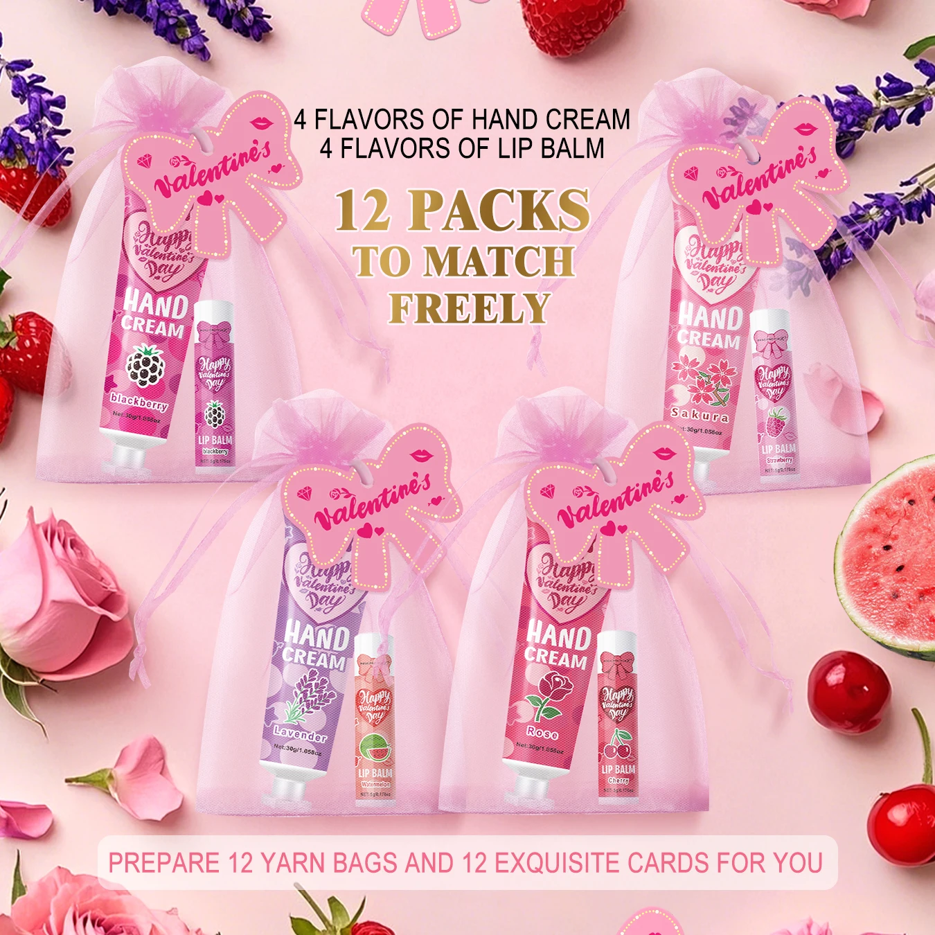 96 Pieces Hand Cream and Lip Balm Gift Set - Includes Pink Gift Bag and Bow Card, Suitable for Wedding, Holiday Gift Distributio