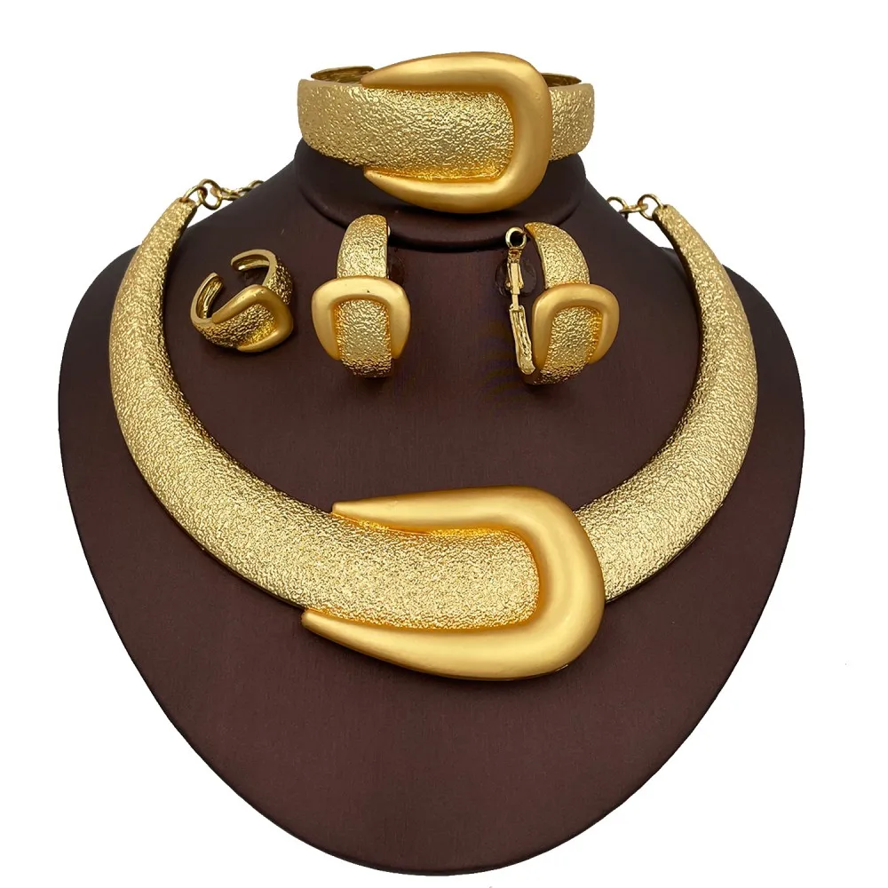 2025 New Exaggerate Jewelry Set Dubai Gold Color Large Necklace Bangle Africal Big Earring Ring Wide Bracelet Bridal Jewellery