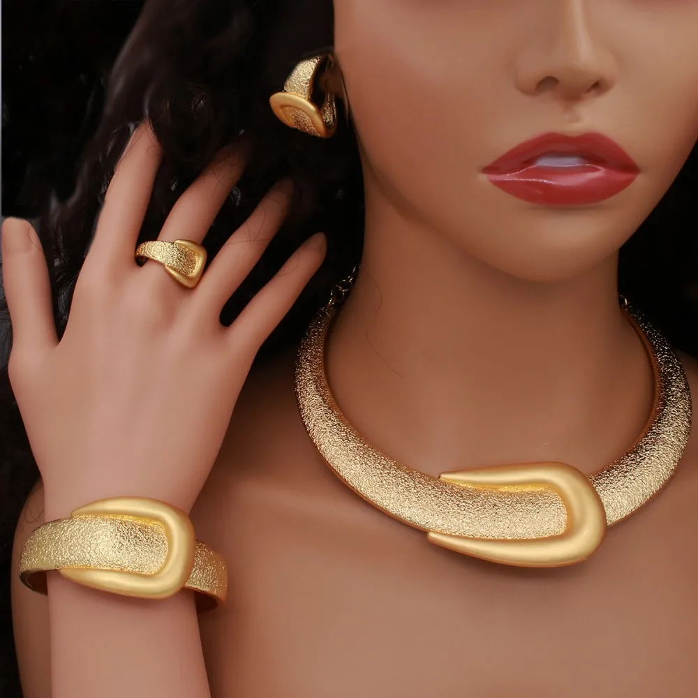 2025 New Exaggerate Jewelry Set Dubai Gold Color Large Necklace Bangle Africal Big Earring Ring Wide Bracelet Bridal Jewellery