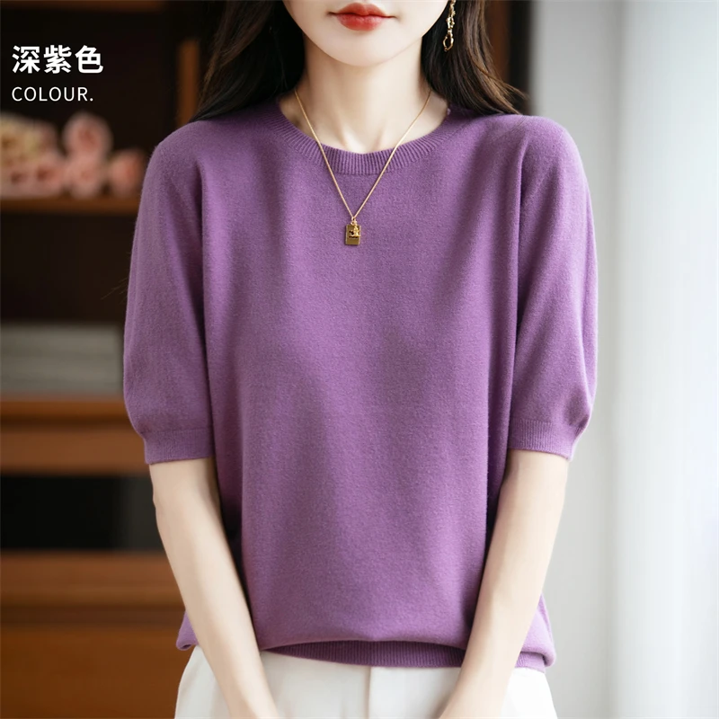 Autumn Women 100% Merino Wool Sweater O-Neck Cashmere Pullover Basic Fashion Short Sleeve Clothing Comfort Top Casual Solid