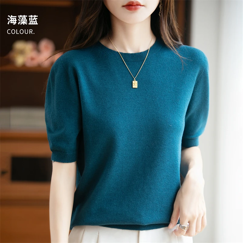 Autumn Women 100% Merino Wool Sweater O-Neck Cashmere Pullover Basic Fashion Short Sleeve Clothing Comfort Top Casual Solid