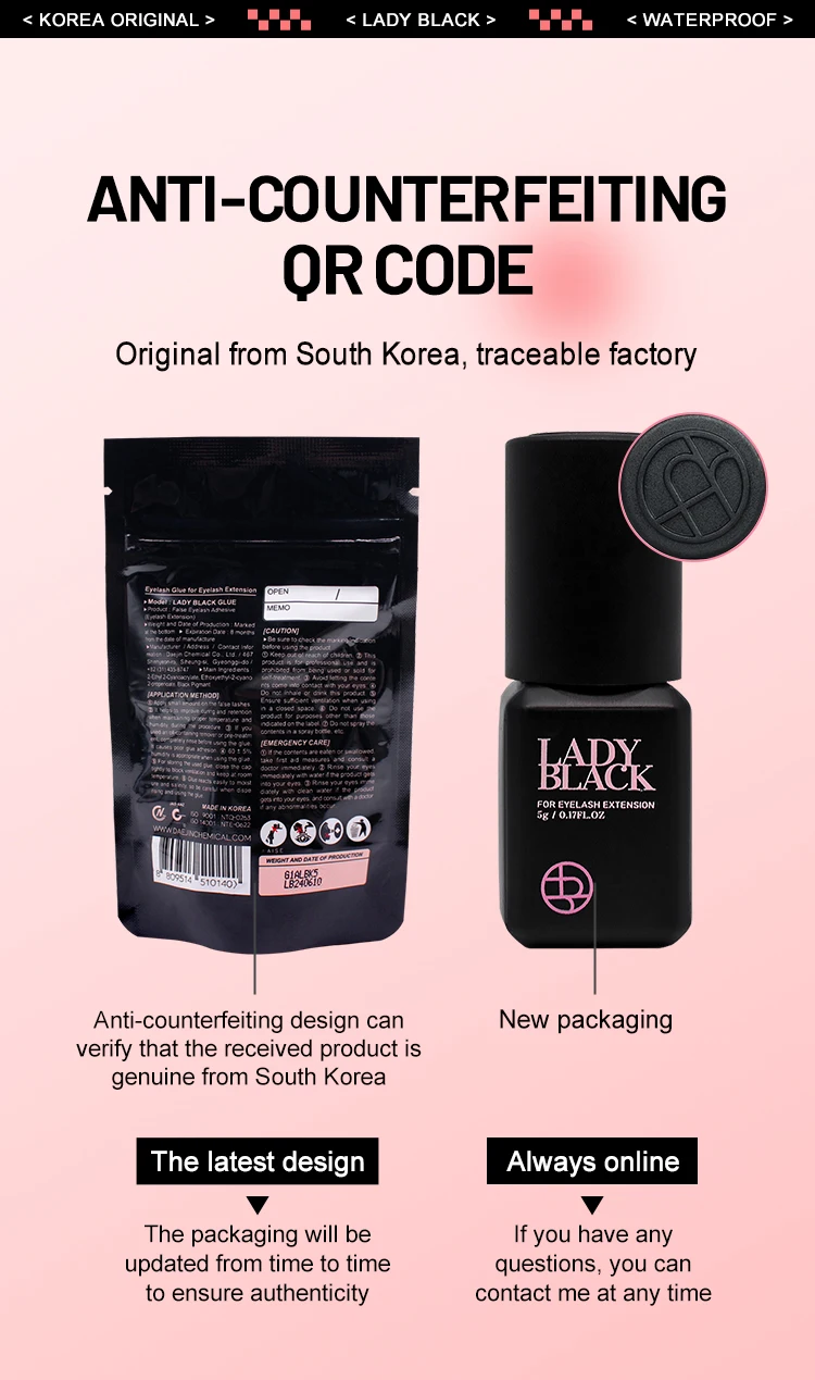 10 Bottles Original Lady Black Glue for Eyelash Extension with Original Bag Low Irritation 5ml Korea False Lash Glue Makeup Tool