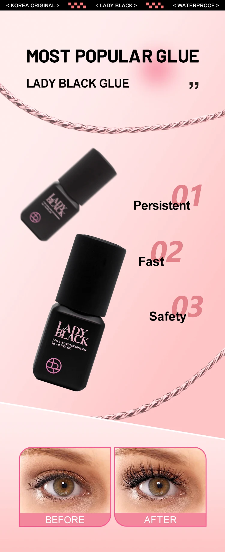 10 Bottles Original Lady Black Glue for Eyelash Extension with Original Bag Low Irritation 5ml Korea False Lash Glue Makeup Tool