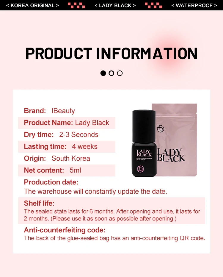 10 Bottles Original Lady Black Glue for Eyelash Extension with Original Bag Low Irritation 5ml Korea False Lash Glue Makeup Tool