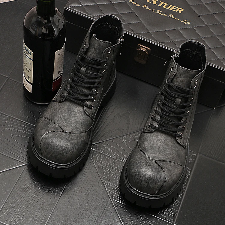 British style mens fashion high motorcycle boots lace-up original leather shoes big toe cowboy platform boot cool desert botas