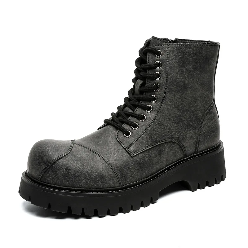 British style mens fashion high motorcycle boots lace-up original leather shoes big toe cowboy platform boot cool desert botas