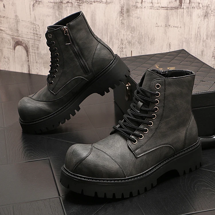 British style mens fashion high motorcycle boots lace-up original leather shoes big toe cowboy platform boot cool desert botas