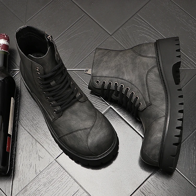 British style mens fashion high motorcycle boots lace-up original leather shoes big toe cowboy platform boot cool desert botas