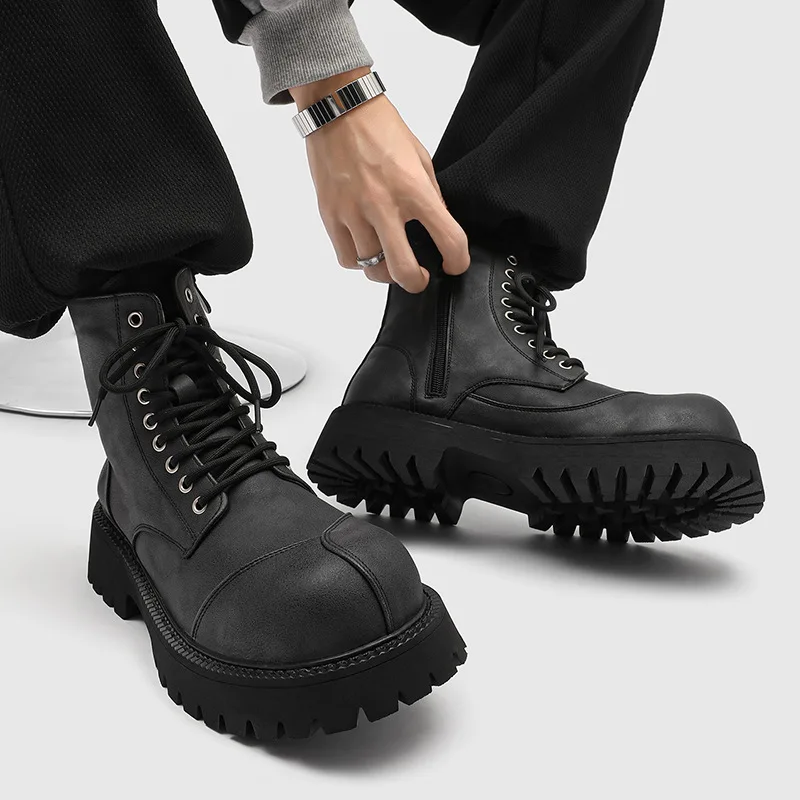 British style mens fashion high motorcycle boots lace-up original leather shoes big toe cowboy platform boot cool desert botas