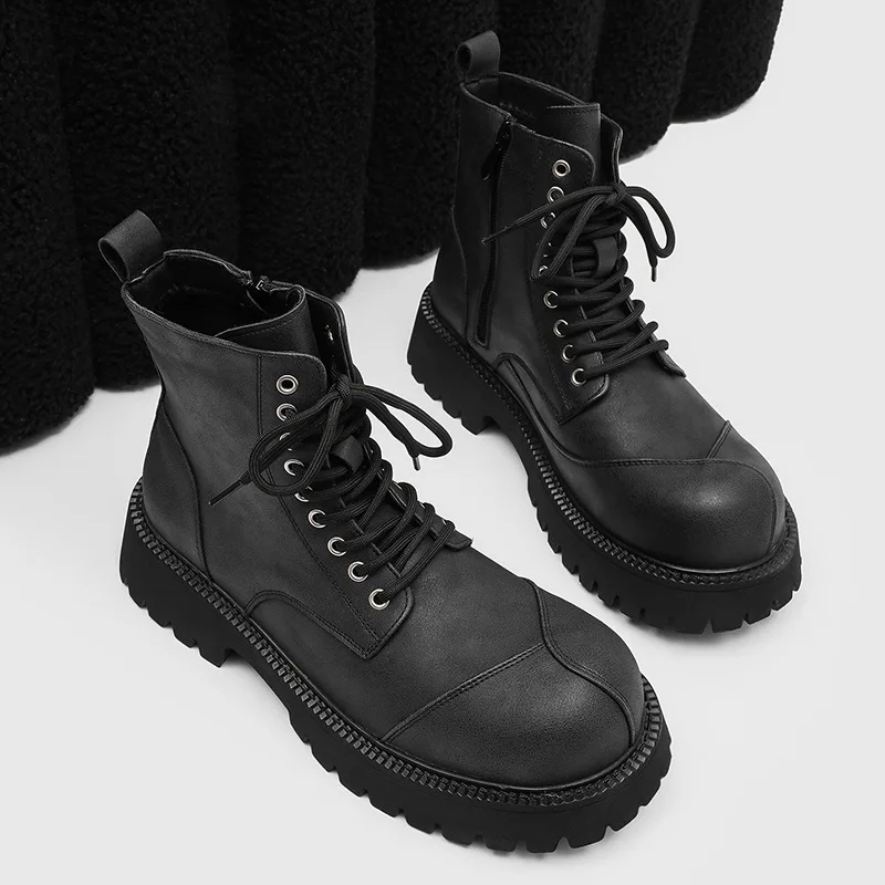 British style mens fashion high motorcycle boots lace-up original leather shoes big toe cowboy platform boot cool desert botas