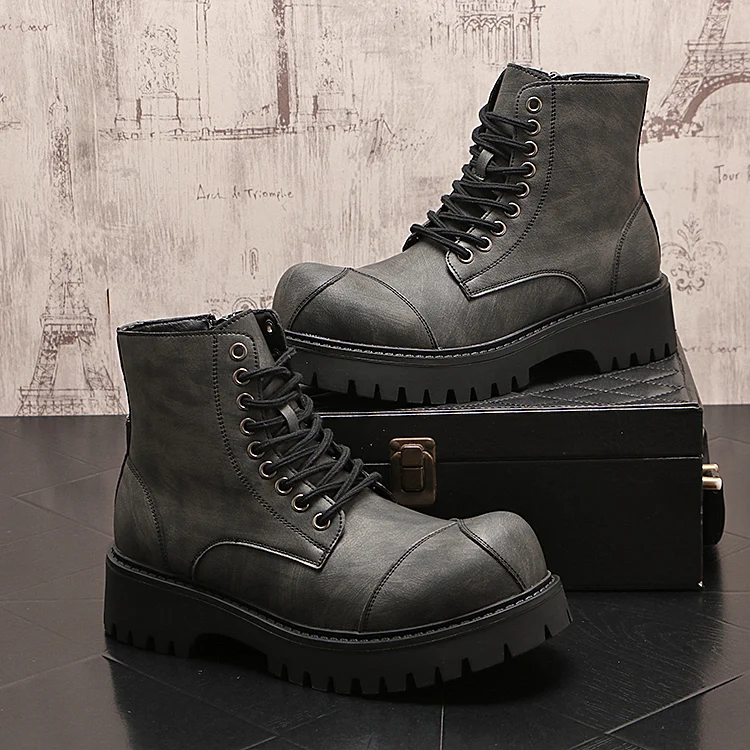 British style mens fashion high motorcycle boots lace-up original leather shoes big toe cowboy platform boot cool desert botas