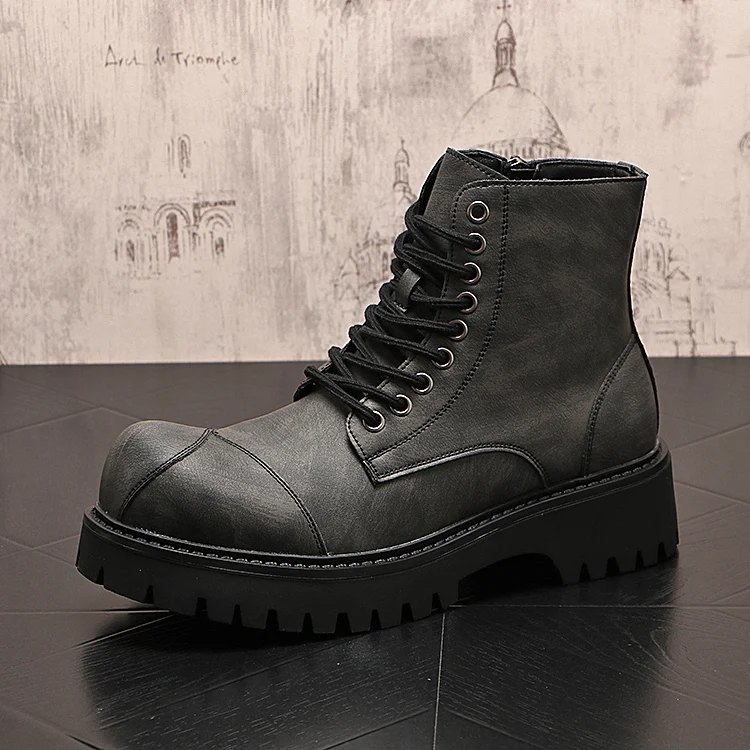 British style mens fashion high motorcycle boots lace-up original leather shoes big toe cowboy platform boot cool desert botas