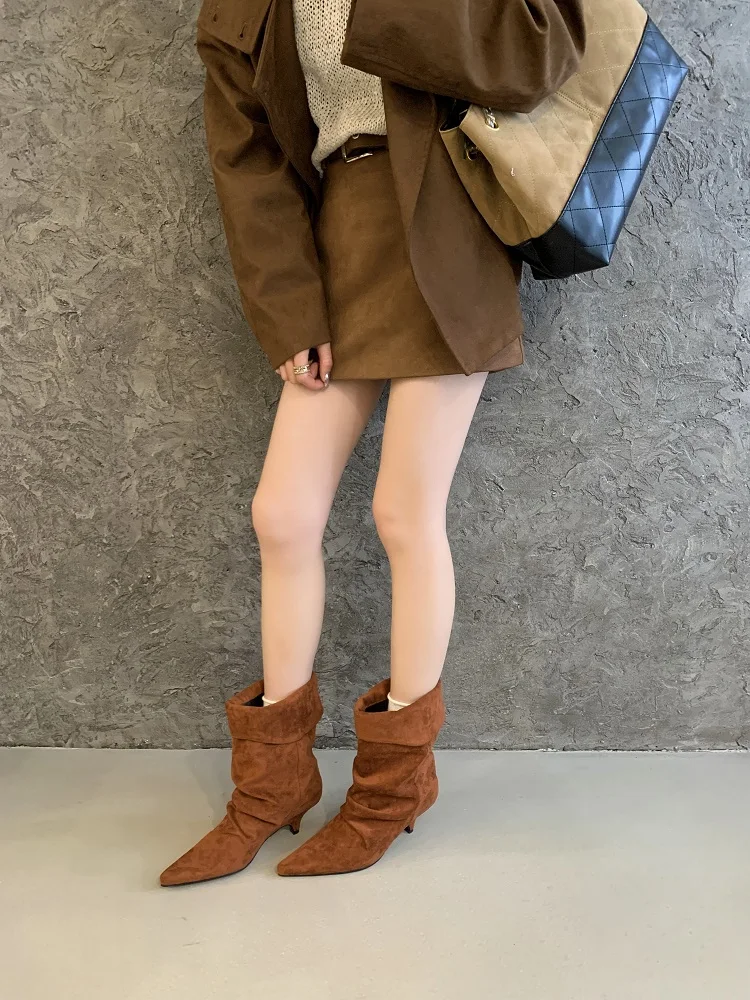 Aneikeh Fashion Street Style Vintage Ankle Boots Women Winter Pointed Toe Thin Low Heel Shoes SHort Botas Zapatos De Mujer