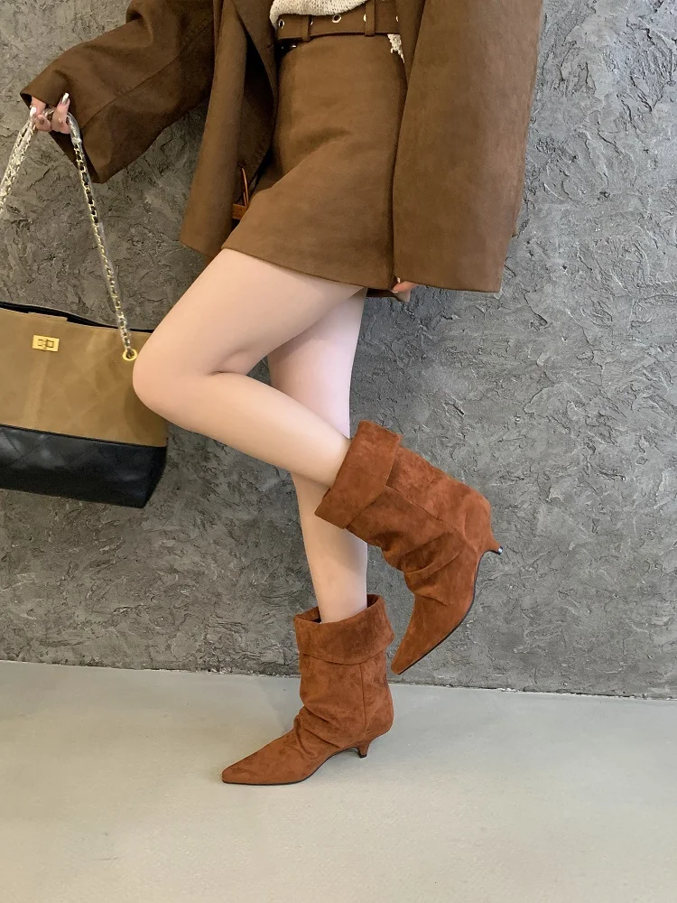 Aneikeh Fashion Street Style Vintage Ankle Boots Women Winter Pointed Toe Thin Low Heel Shoes SHort Botas Zapatos De Mujer