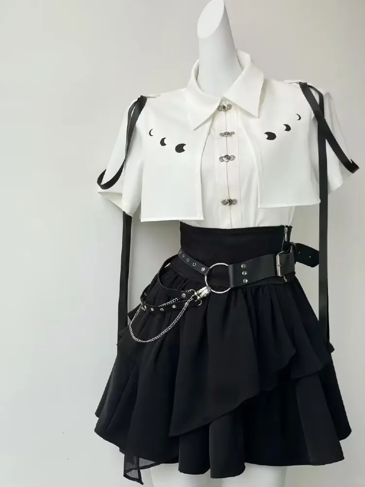 Fashion Y2k Skirt Suit Aesthetic Lolita Style 2 Piece Sets Women Gothic Shirts Slim Mini Pleated Skirts Female Kawaii Skirt