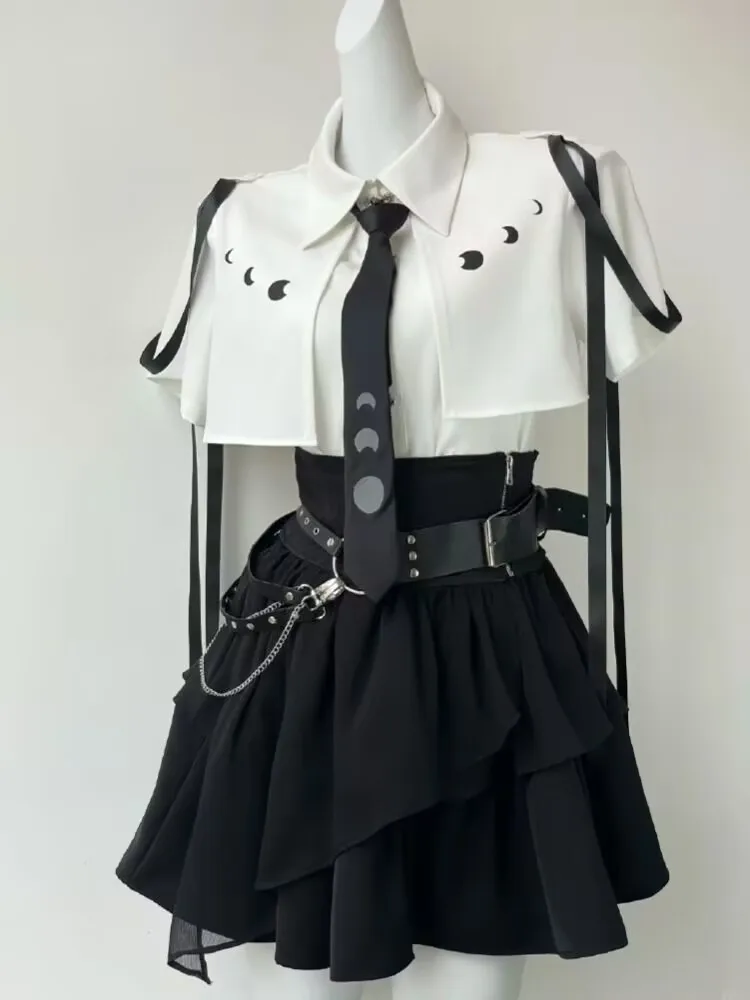 Fashion Y2k Skirt Suit Aesthetic Lolita Style 2 Piece Sets Women Gothic Shirts Slim Mini Pleated Skirts Female Kawaii Skirt