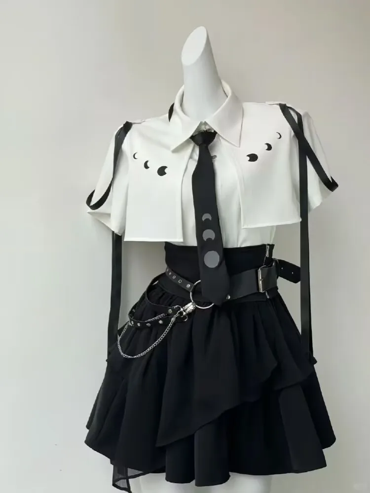 Fashion Y2k Skirt Suit Aesthetic Lolita Style 2 Piece Sets Women Gothic Shirts Slim Mini Pleated Skirts Female Kawaii Skirt