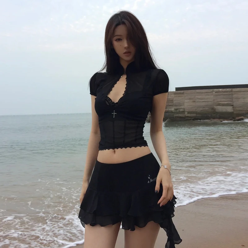 Tonngirls Y2k Fairycore Two Piece Set For Women Hollow Out Lace Mesh Shirt + Irregular Mini Shirts Vintage Skirt Sets Japanese