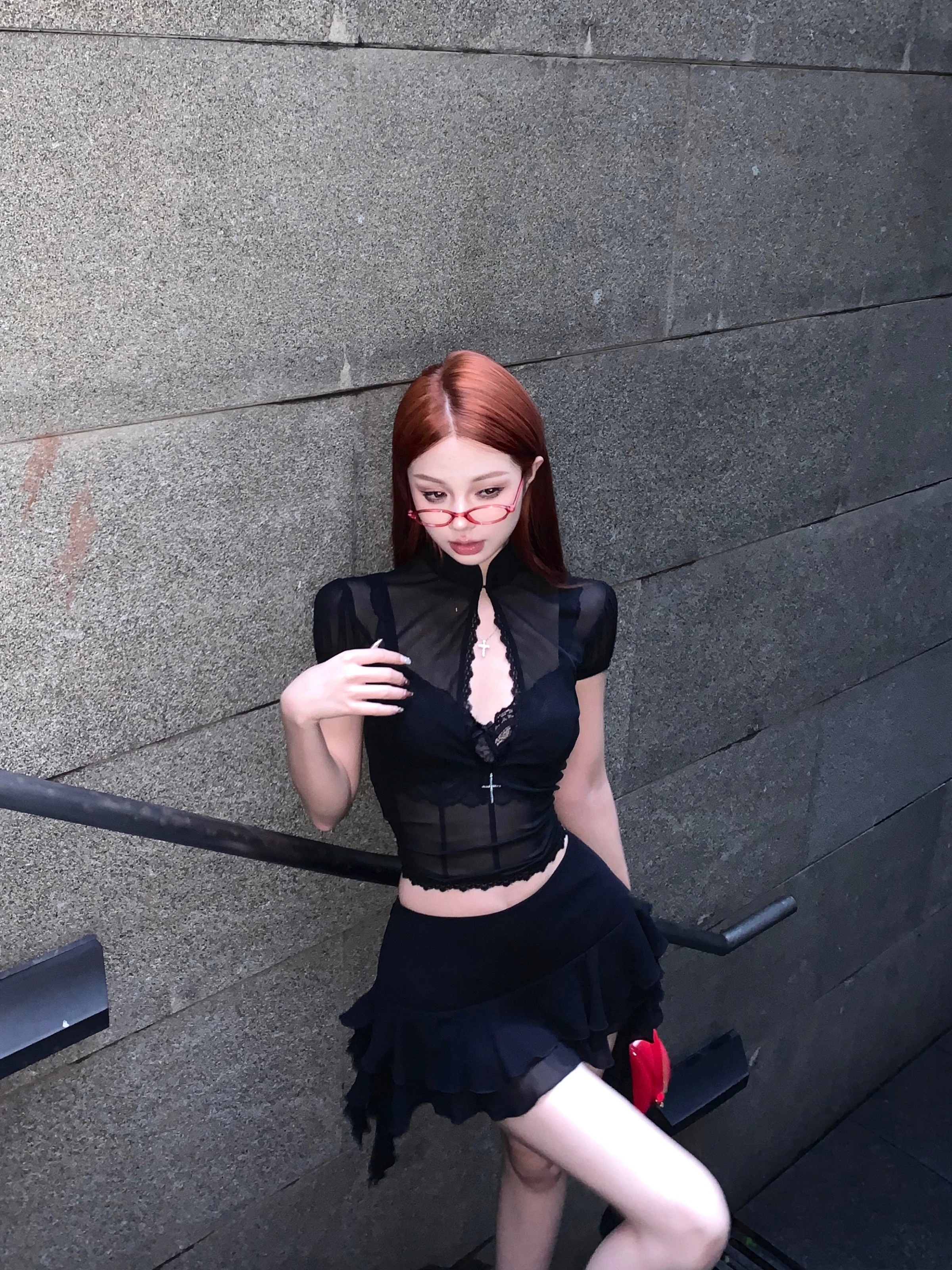 Tonngirls Y2k Fairycore Two Piece Set For Women Hollow Out Lace Mesh Shirt + Irregular Mini Shirts Vintage Skirt Sets Japanese