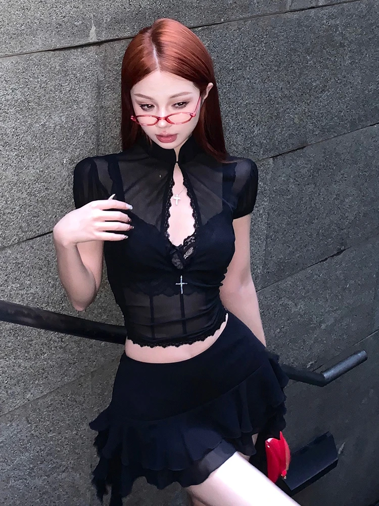Tonngirls Y2k Fairycore Two Piece Set For Women Hollow Out Lace Mesh Shirt + Irregular Mini Shirts Vintage Skirt Sets Japanese